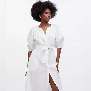 Madewell Button Front Midi Dress XS Poplin White Depeche Tie Waist Balloon